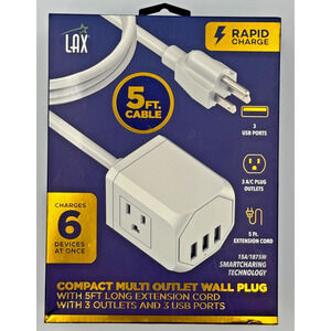 LAX Compact Multi Outlet Wall Plug – 5ft Extension Cord – 3 AC Outlets + 3 USB